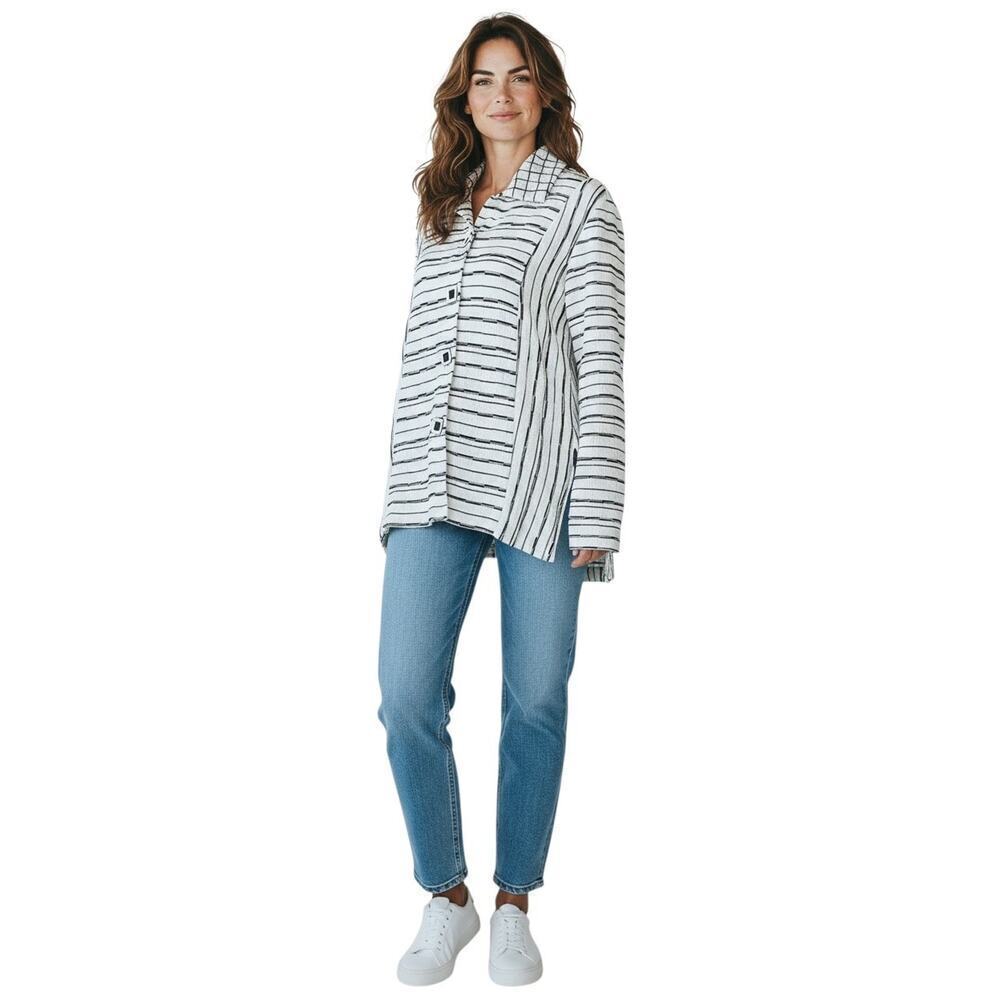 Habitat Clothes To Live In Tunic Size Medium Black White Stripes Textured Artsy - Picture 13 of 13